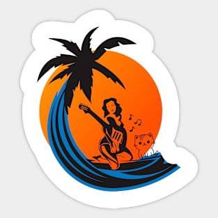 Woman Holding a Musical Instrument with a Cat by the Sunset Sticker